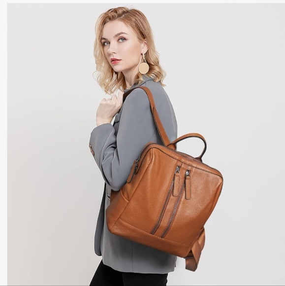 S-Zone Genuine Cowhide Leather Backpack Pockets Lined Size 12"x12"x5" Camel - Picture 1 of 17